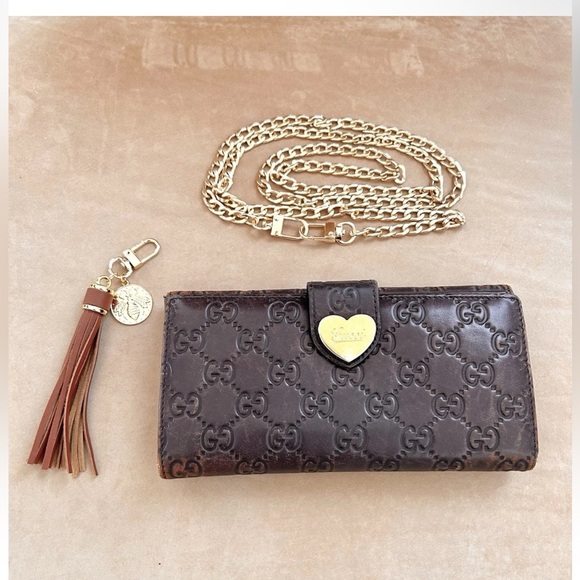 Gucci Guccissima Gold Heart Cocoa Brown Leather Continental Long Wallet